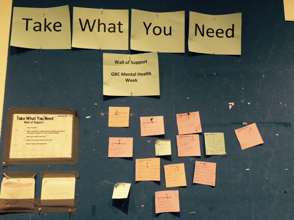 colourful post-it notes on a bulletin board that reads "Take What You Need: Wall of Support - GBC Mental Health Week"
