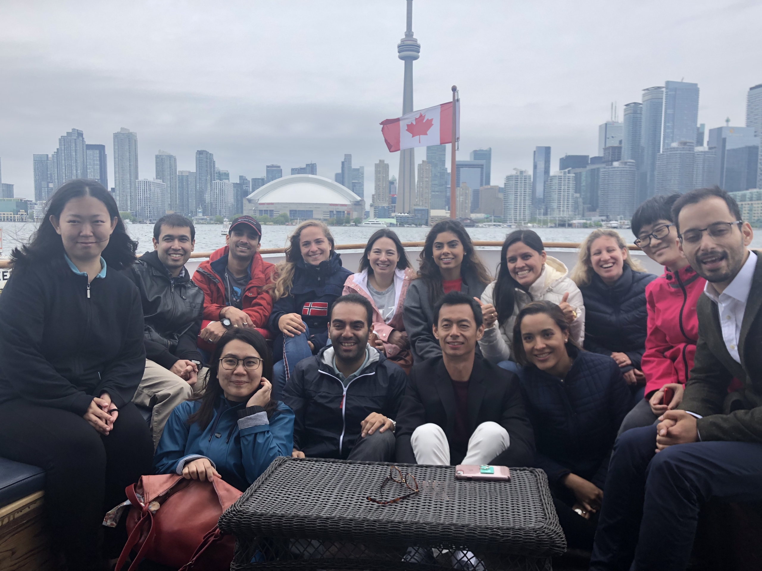 Group photo of students on boat cruise during 2 week summer program in Toronto
